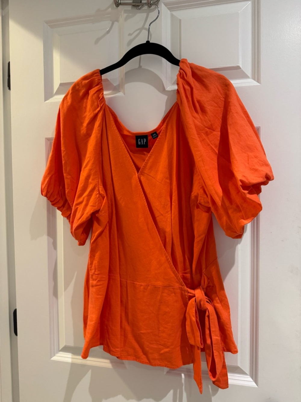GAP Bright Orange Wrap Blouse with Puff Sleeves